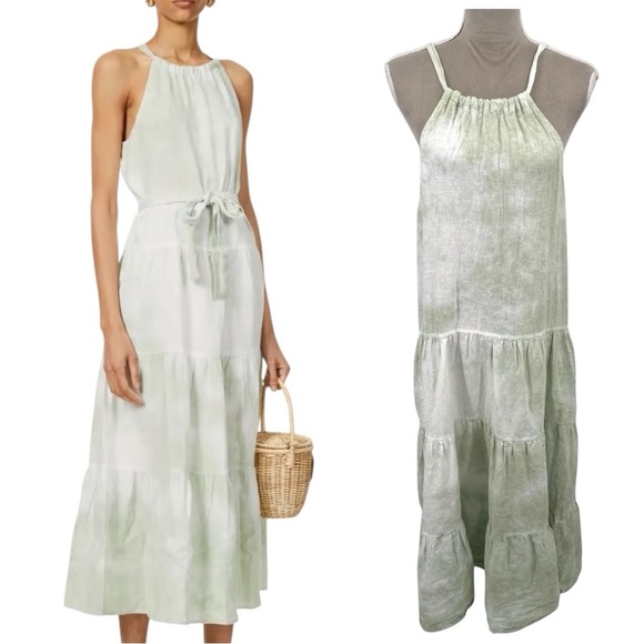 Bella Dahl 100% Linen Maxi Dress Tie Dye Tiered Halter Flowy Boho Green Small - Picture 1 of 9